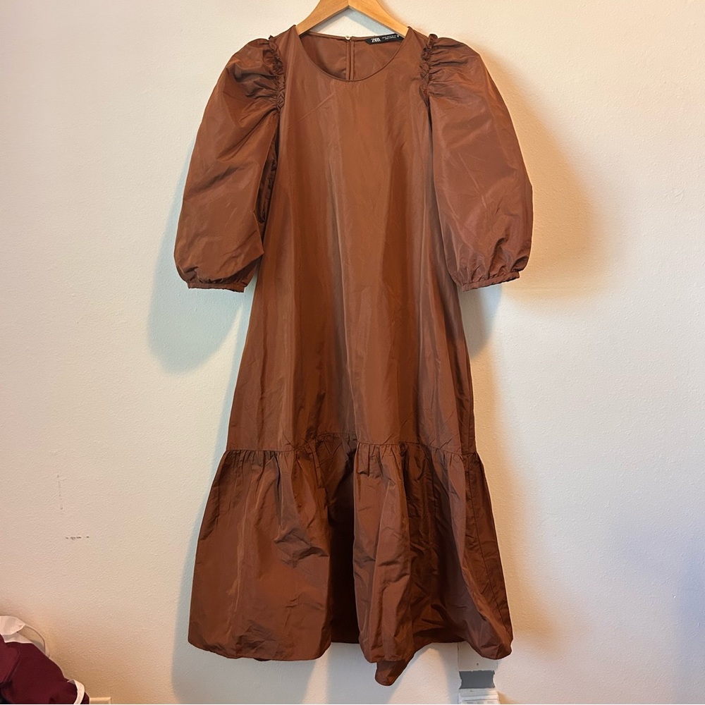 Zara Women’s Medium Voluminous Taffeta Midi Ruffle Brown Dress